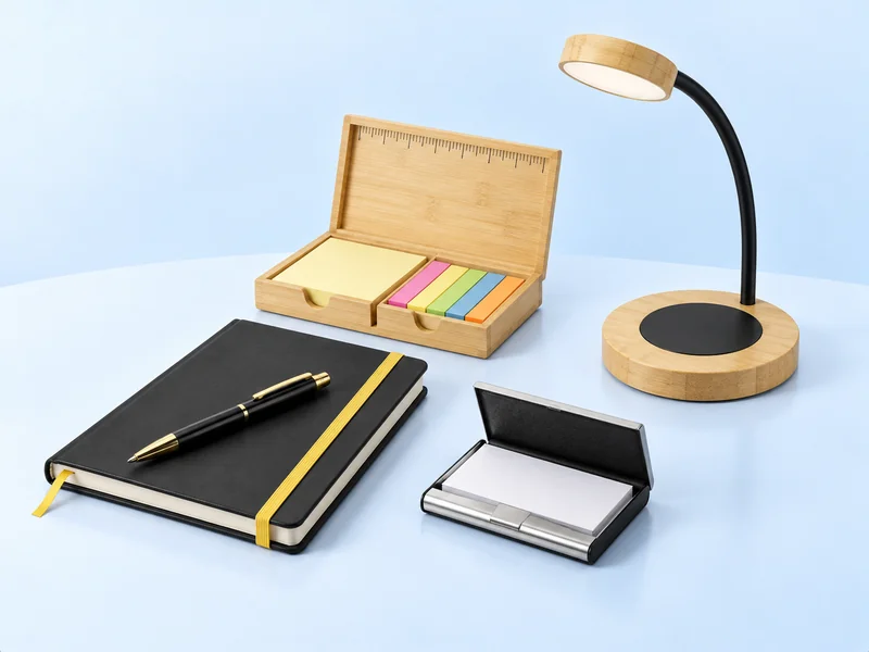 Black notebook with pen, business card holder, sticky-note organiser and bamboo desk lamp