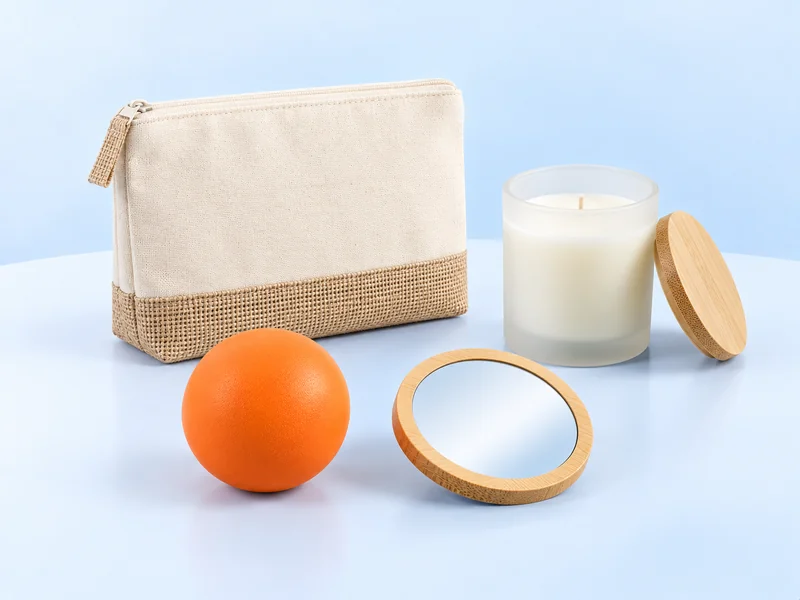 Cream toiletry bag, bamboo pocket mirror, candle and orange stress ball