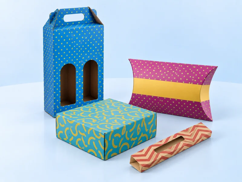 Blue wine box, turquoise square gift box, pink pillow box and printed kraft pen sleeve