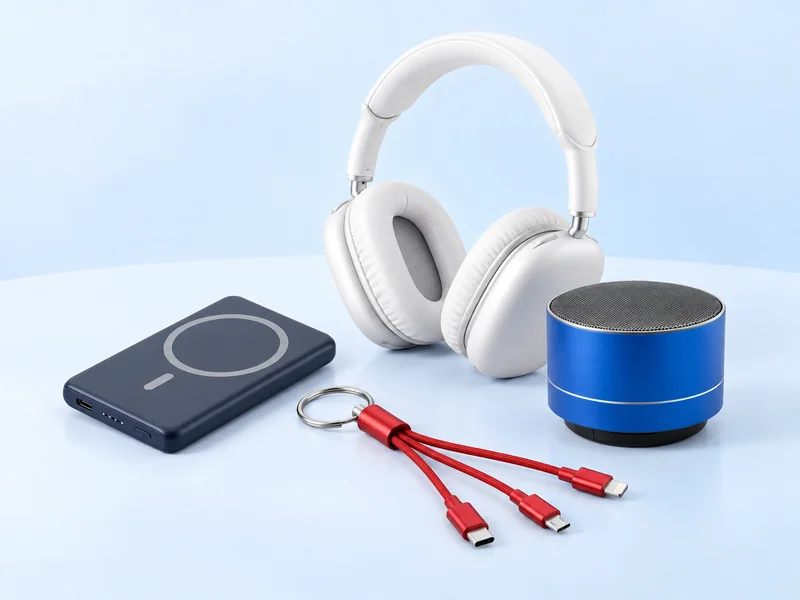 White headphones, blue speaker, power bank and red charging cable