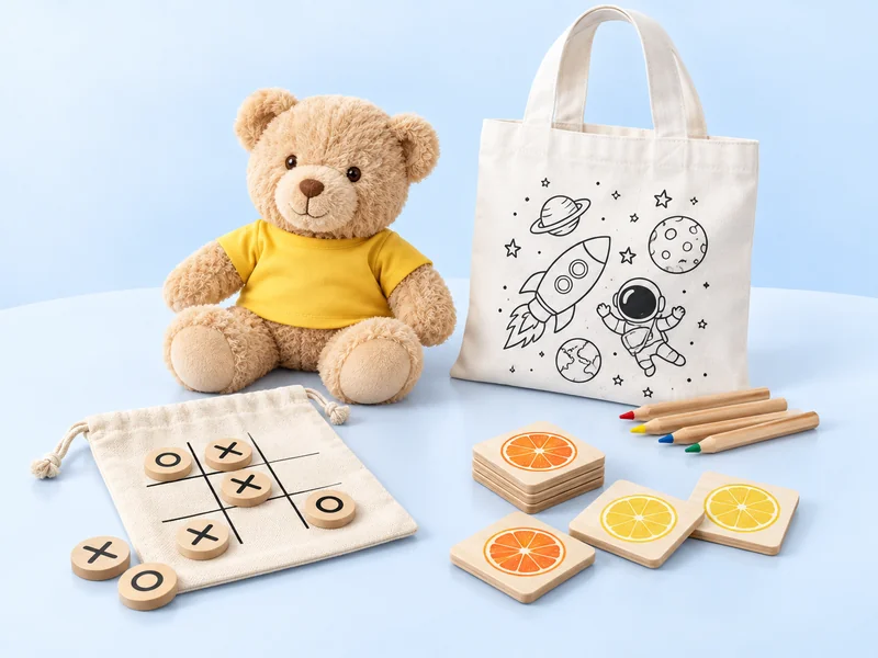 Teddy bear, tic-tac-toe set, memory game tiles and colouring tote bag with pencils