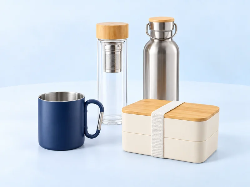 Blue mug, lunch box with bamboo lid, infuser bottle and stainless-steel water bottle
