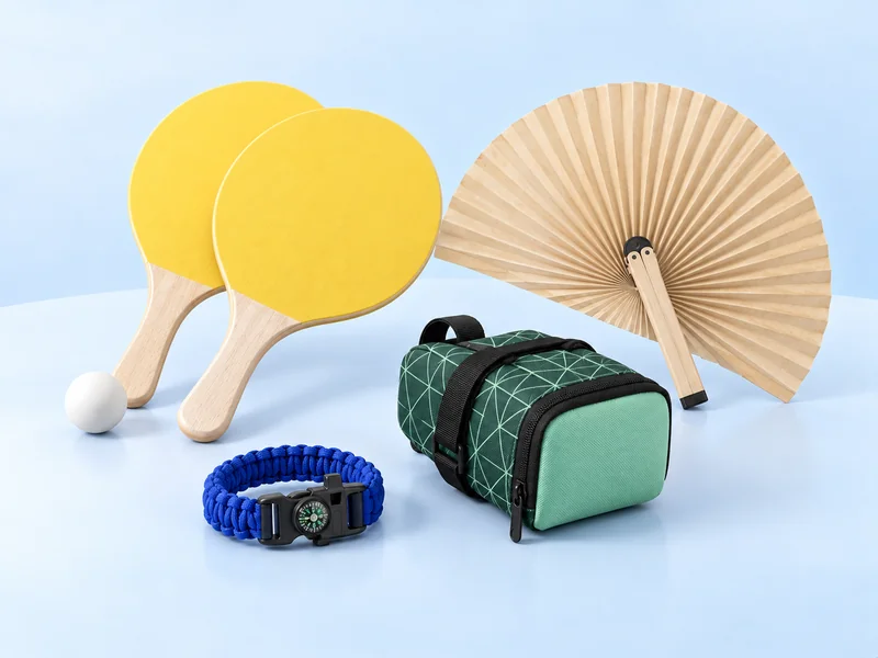 Yellow beach paddles, green bicycle saddle bag, blue compass bracelet and beige hand fan