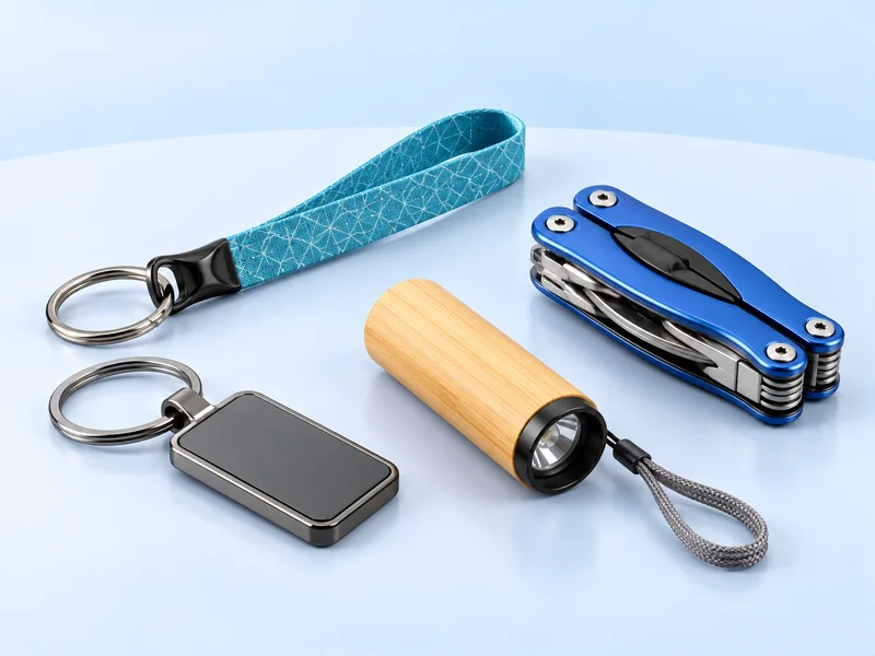 Metal keyring, blue fabric keyring, bamboo torch and blue multi-tool pliers