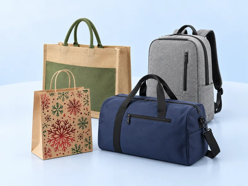 Grey backpack, blue travel bag, jute tote and kraft paper gift bag