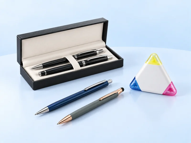 Boxed pen set, blue pen, grey stylus pen and triangular three-colour highlighter