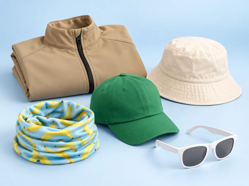 Folded beige jacket, green cap, cream bucket hat, printed neck warmer and white sunglasses